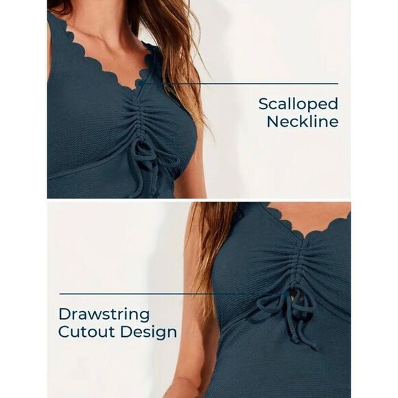 Scalloped Neckline One Piece Swimsuit - Blue - Picture 1 of 8